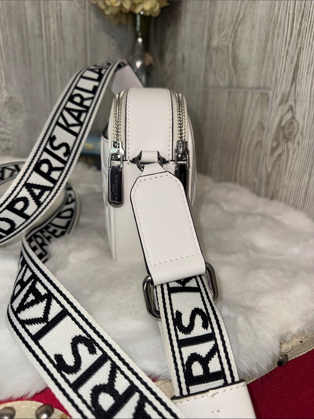 Karl Lagerfeld White Textured Logo Crossbody with Branded Strap - Picture 4 of 10